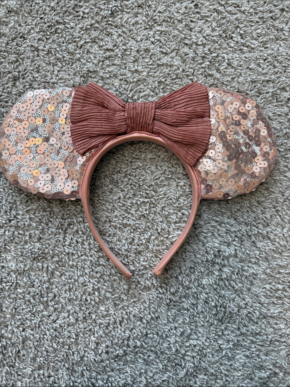 Girls Rose Gold Sequin Mouse Ear Headband with Pleated Bow